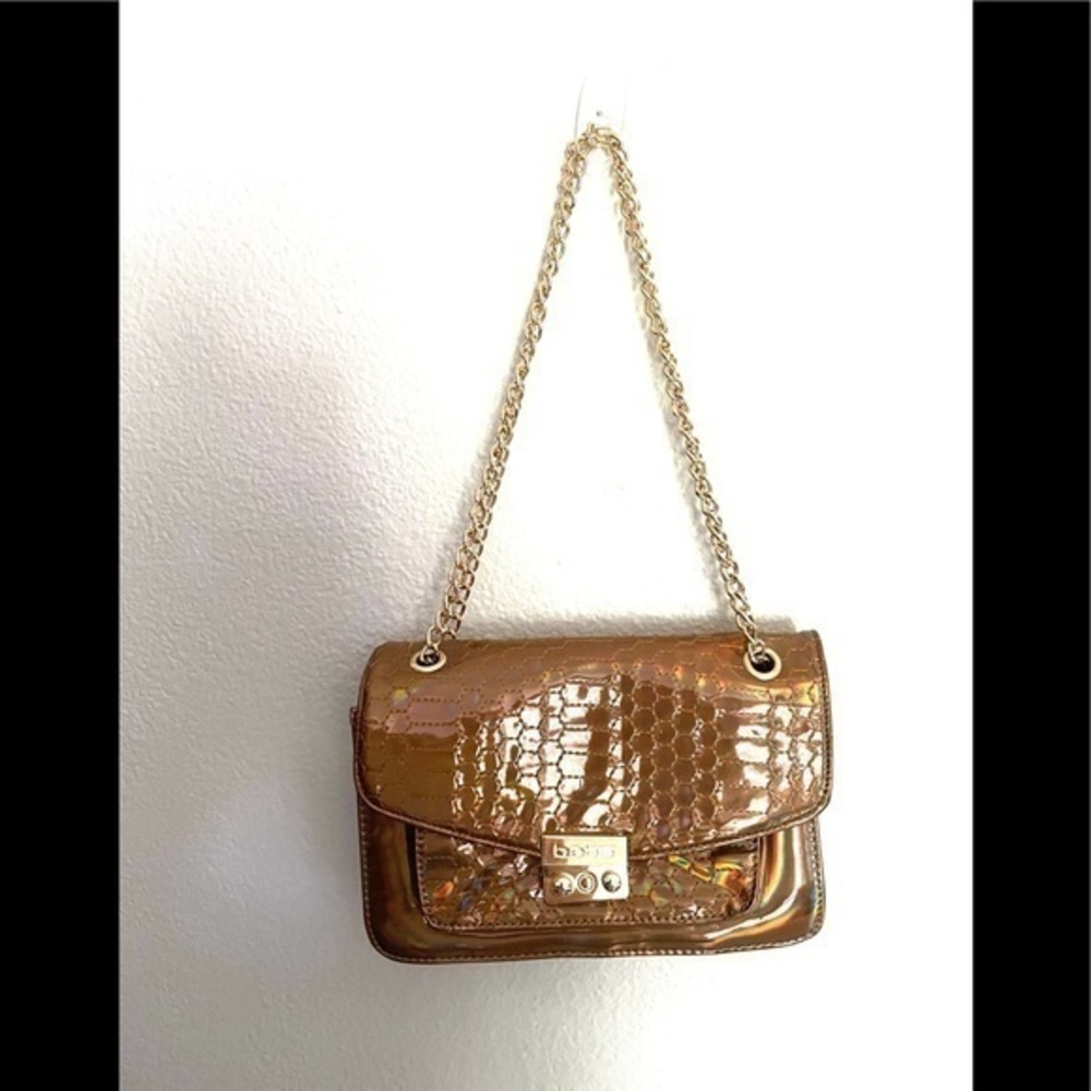 BEBE tan metallic double gold chain handbag purse